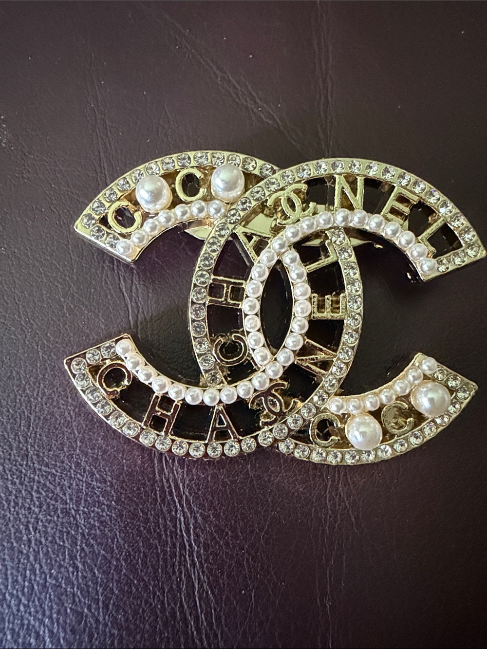 Gold-Tone Pearl & Crystal Interlocking Logo Brooch - - Picture 3 of 4